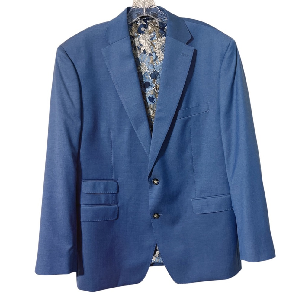 Tayion Men's Wool Blend Single Breasted Blue Blazer Sz 46R EUC Office Corporate